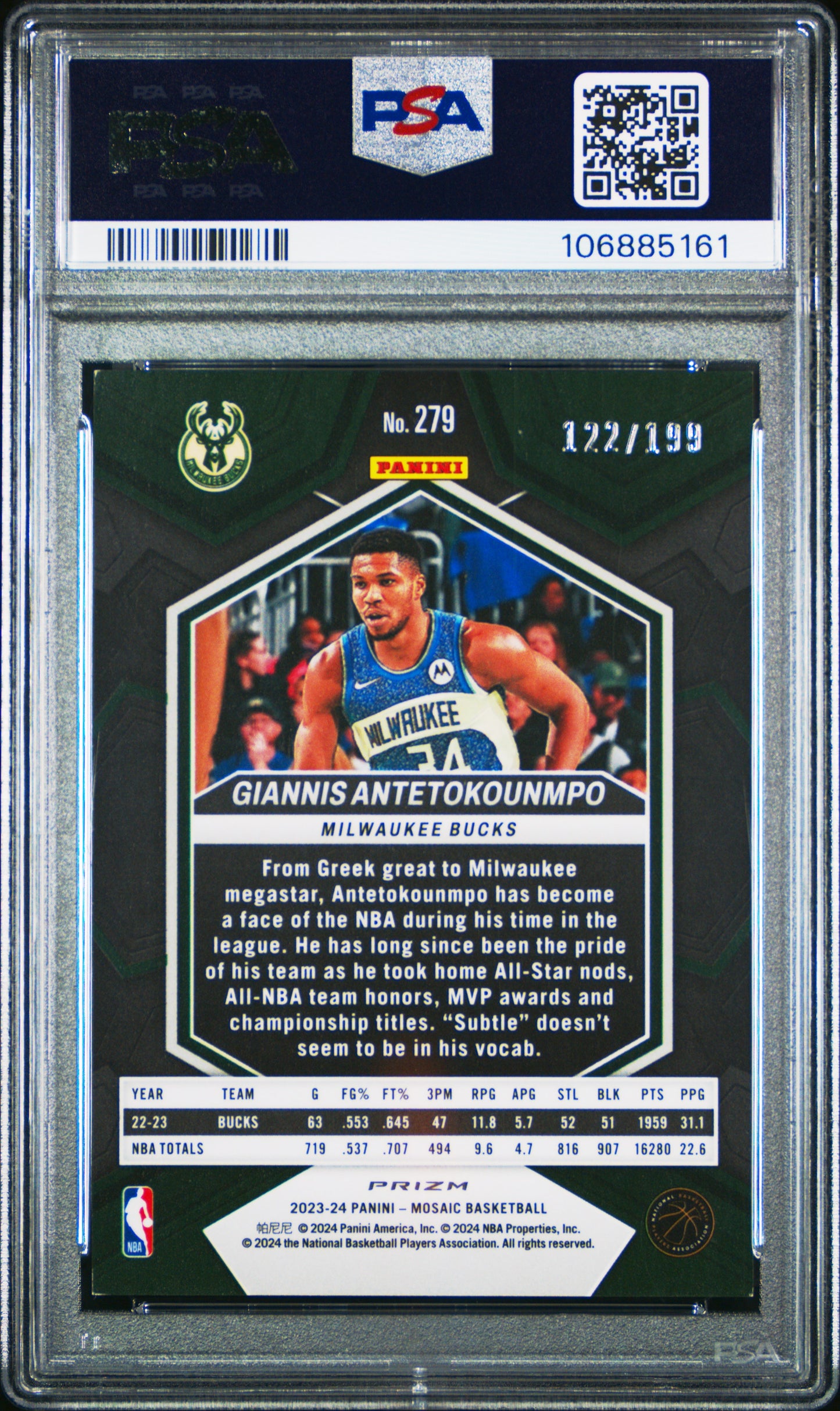 2023 Panini Mosaic Giannis Antetokounmpo #279 Blue PSA 8