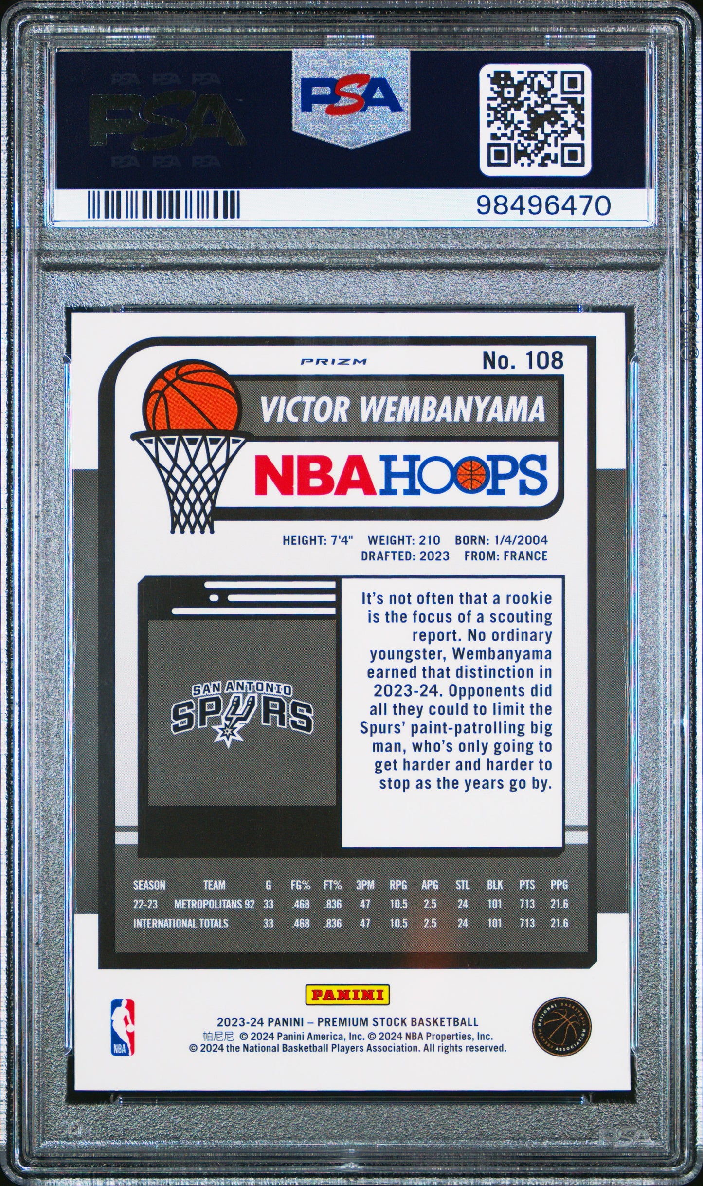 2023 Panini Hoops Premium Stock Victor Wembanyama #108 PSA 9