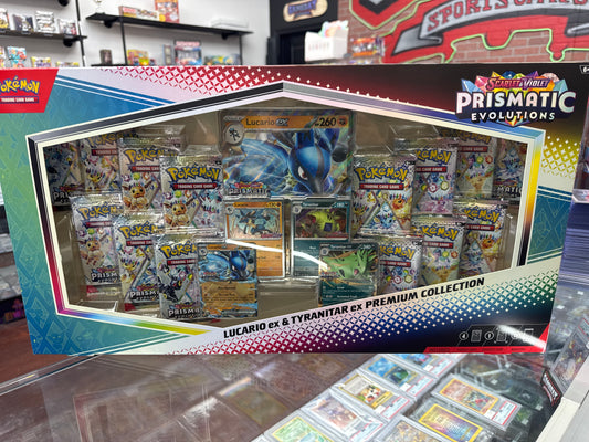 Pokemon Scarlett & Violet Prismatic Evolutions Lucario ex & Tyranitar ex Premium Collection