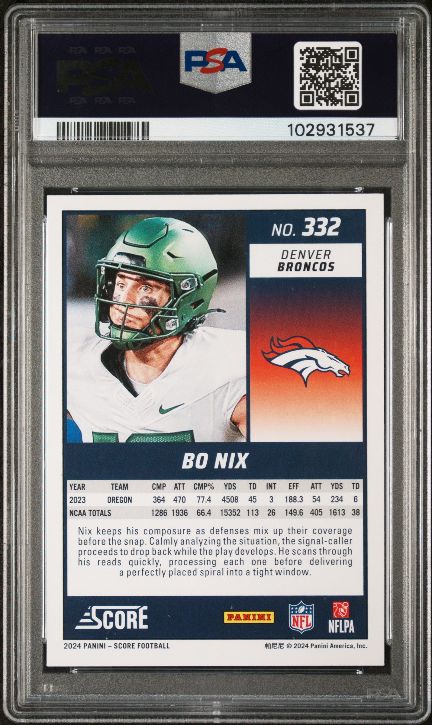 2024 Panini Score Bo Nix #332 Extraterrestrial PSA 10