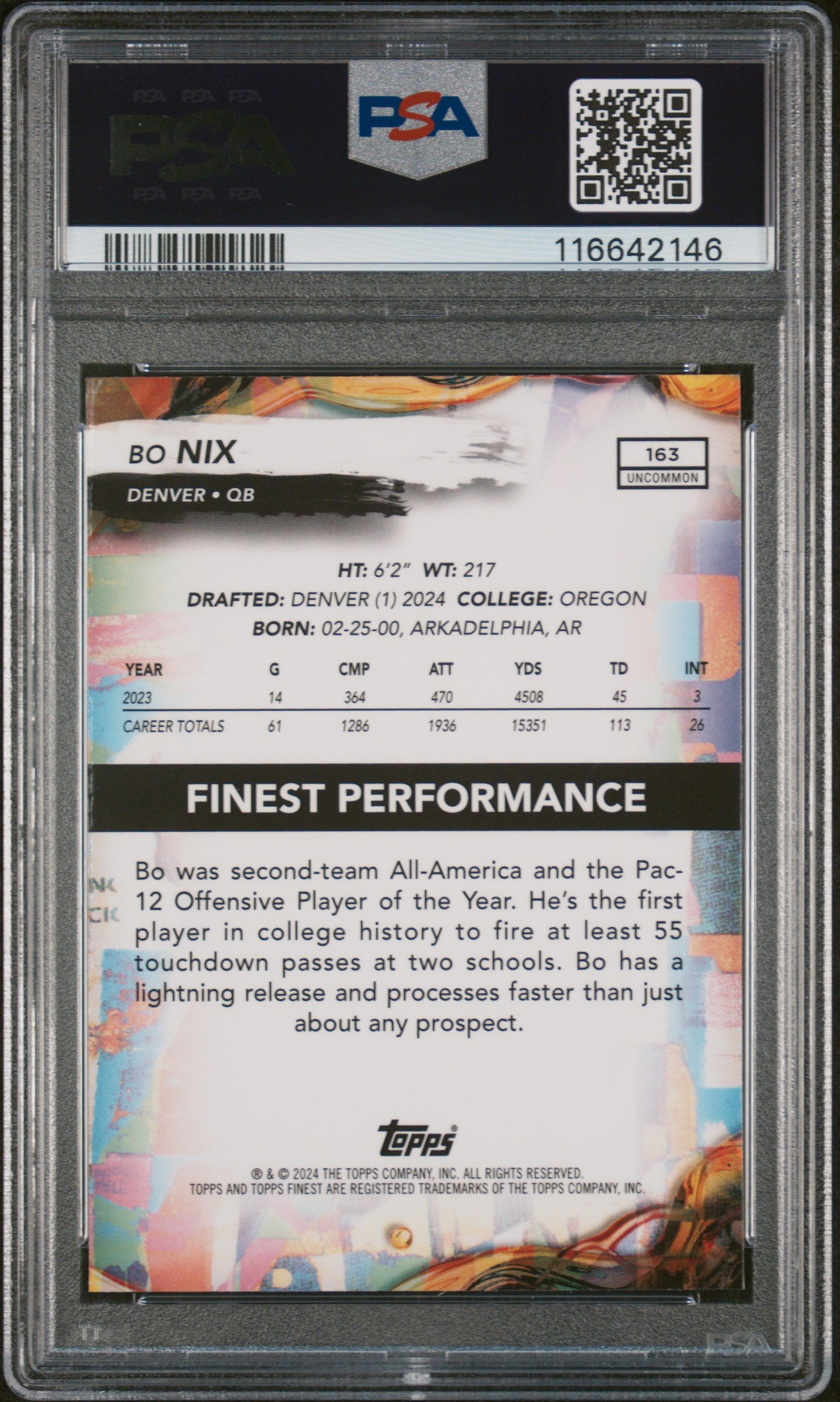2024 Topps Finest Bo Nix #163 Blue Refractor 147/150 PSA 10