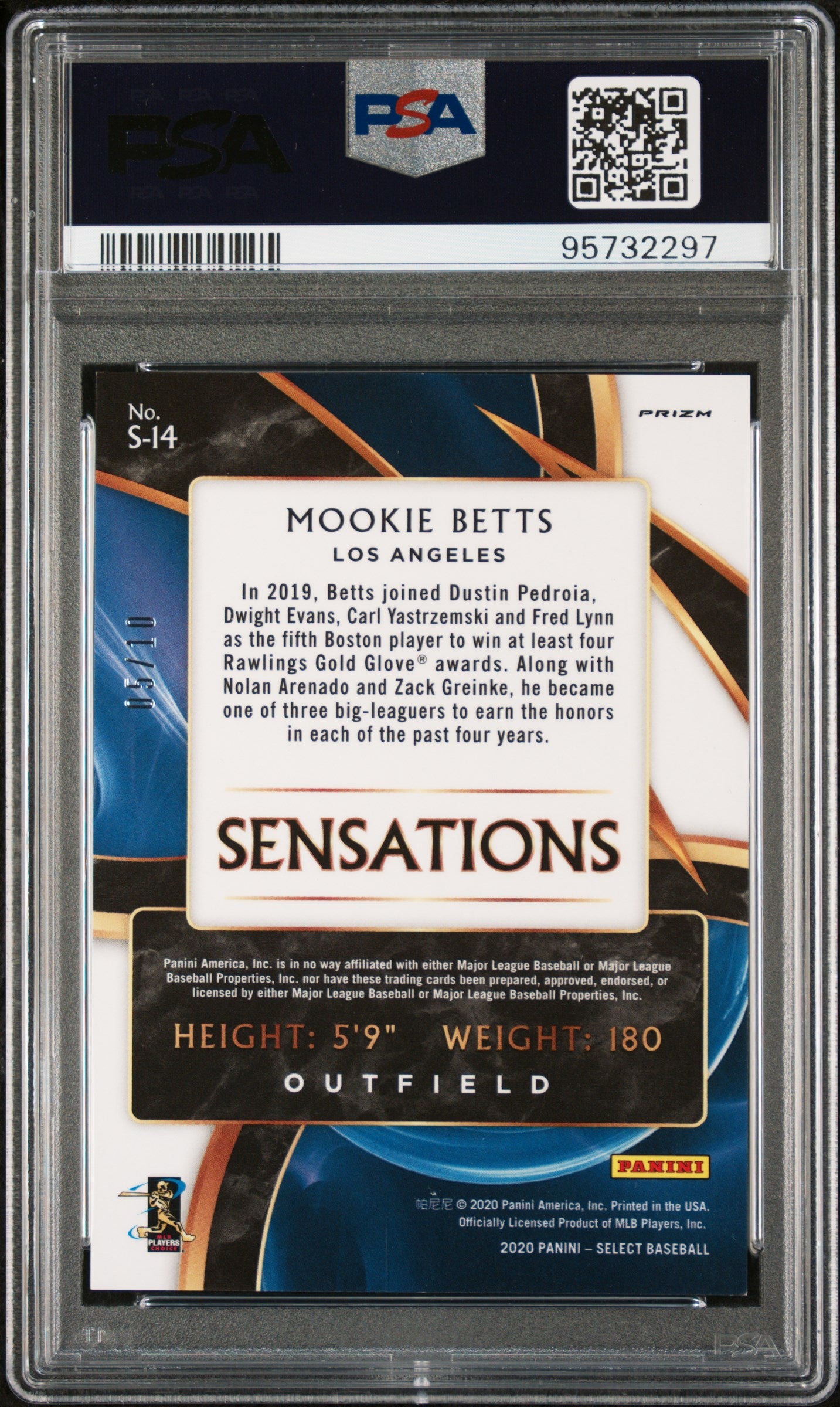 2020 Panini Select Sensations Mookie Betts #S14 Gold Prizm PSA 9
