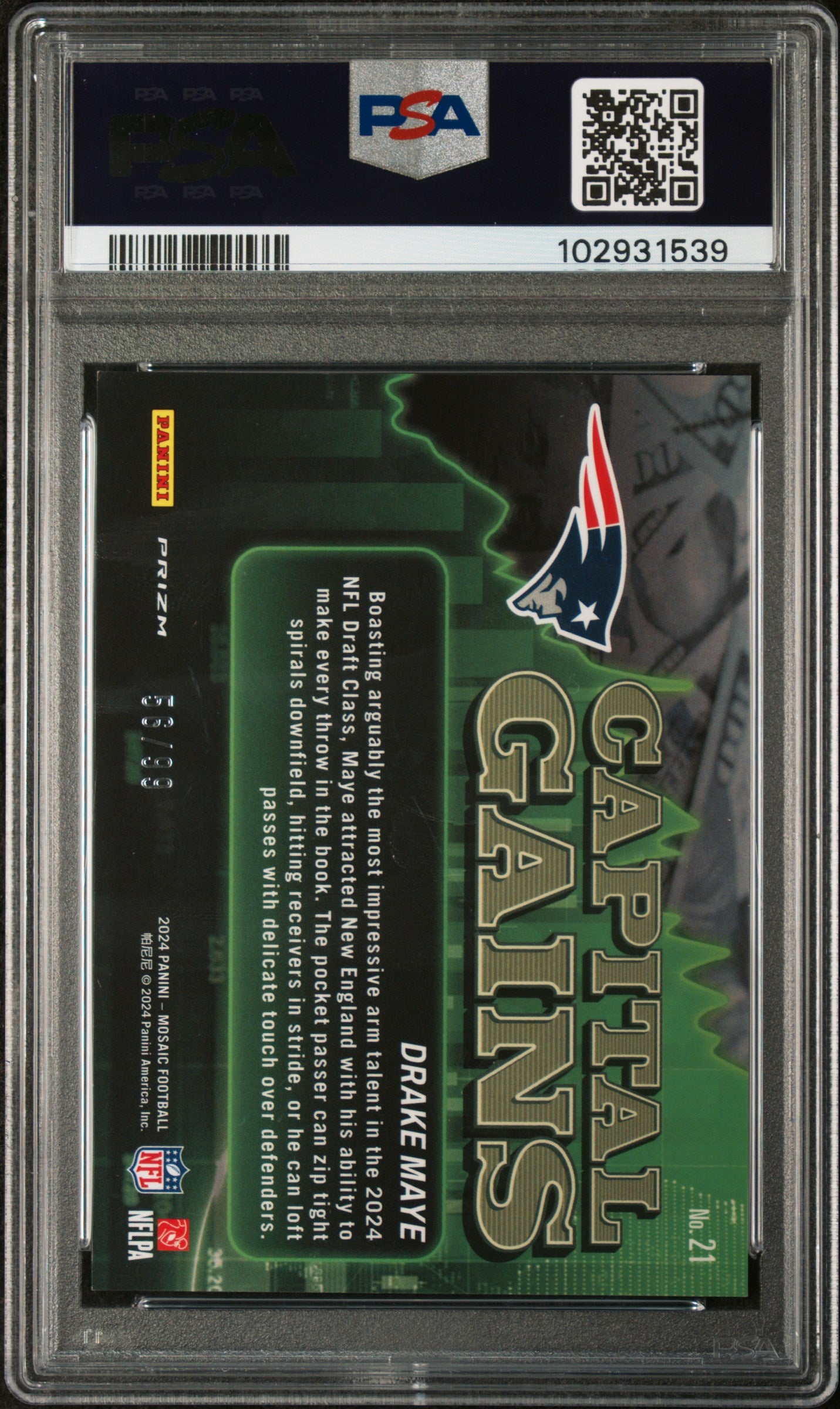 2024 Panini Mosaic Capital Gains Drake Maye #21 Blue PSA 10