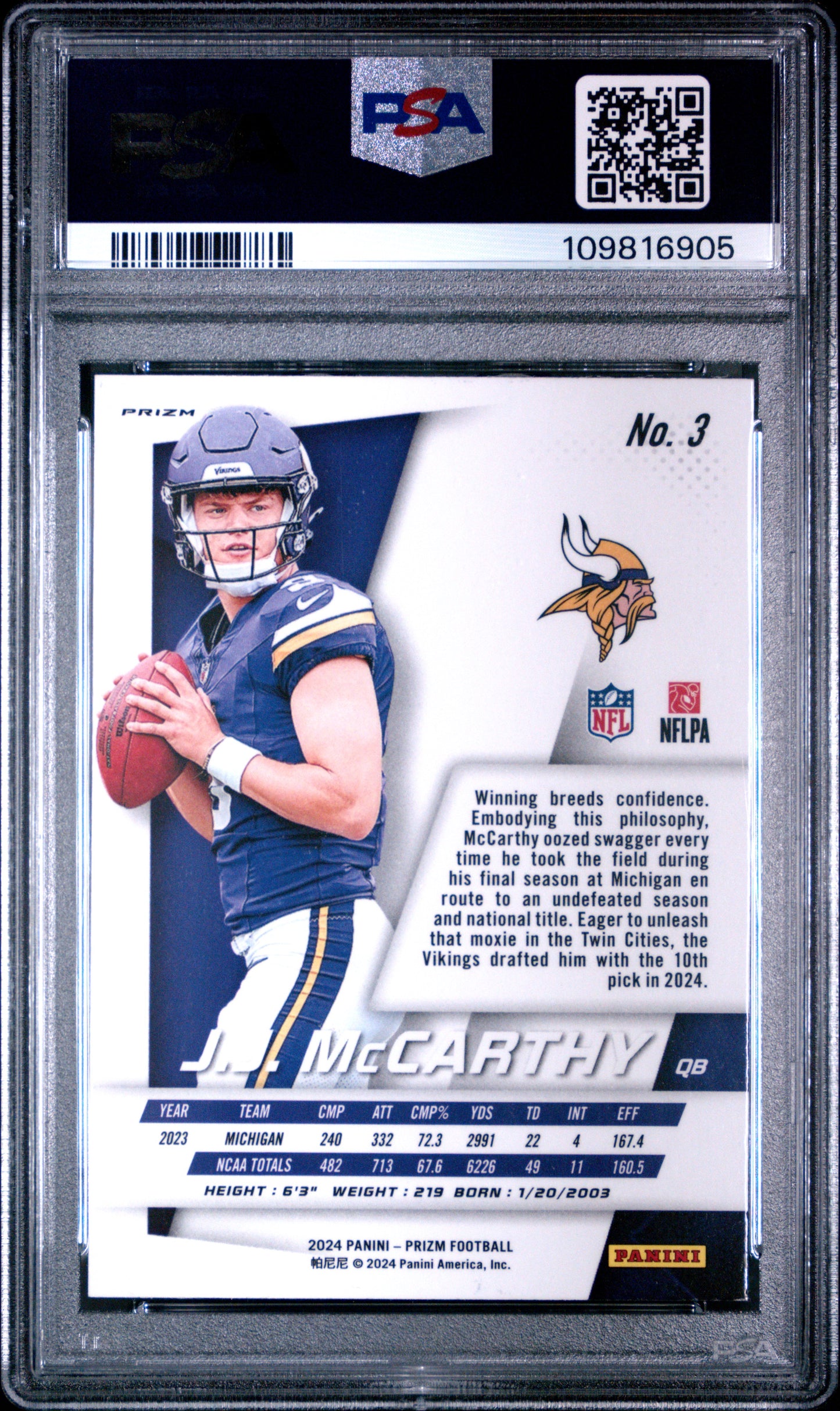 2024 Panini Prizm Prizm Flashback Rookie JJ Mccarthy #3 PSA 9