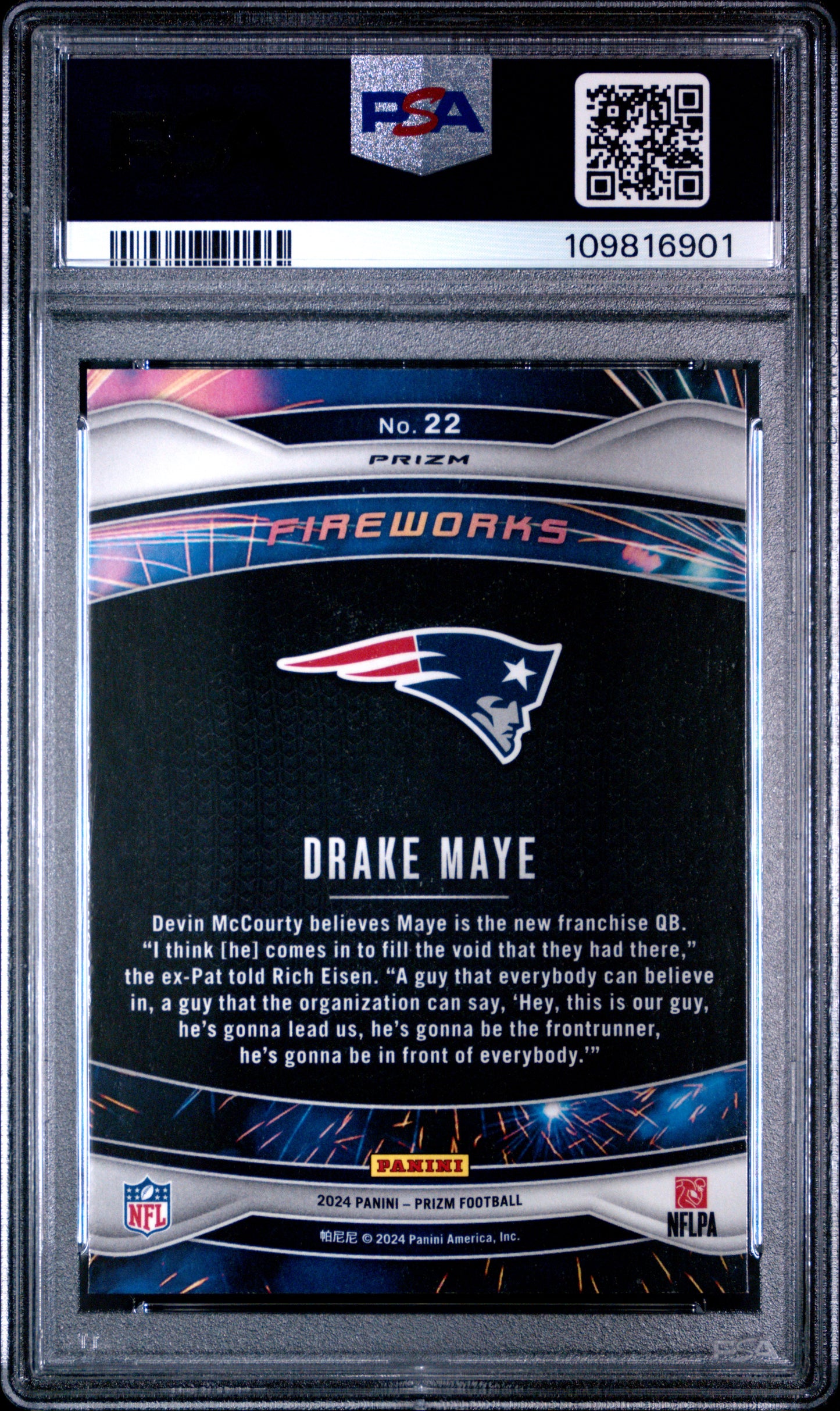 2024 Panini Prizm Fireworks Drake Maye #22 Green Ice PSA 9
