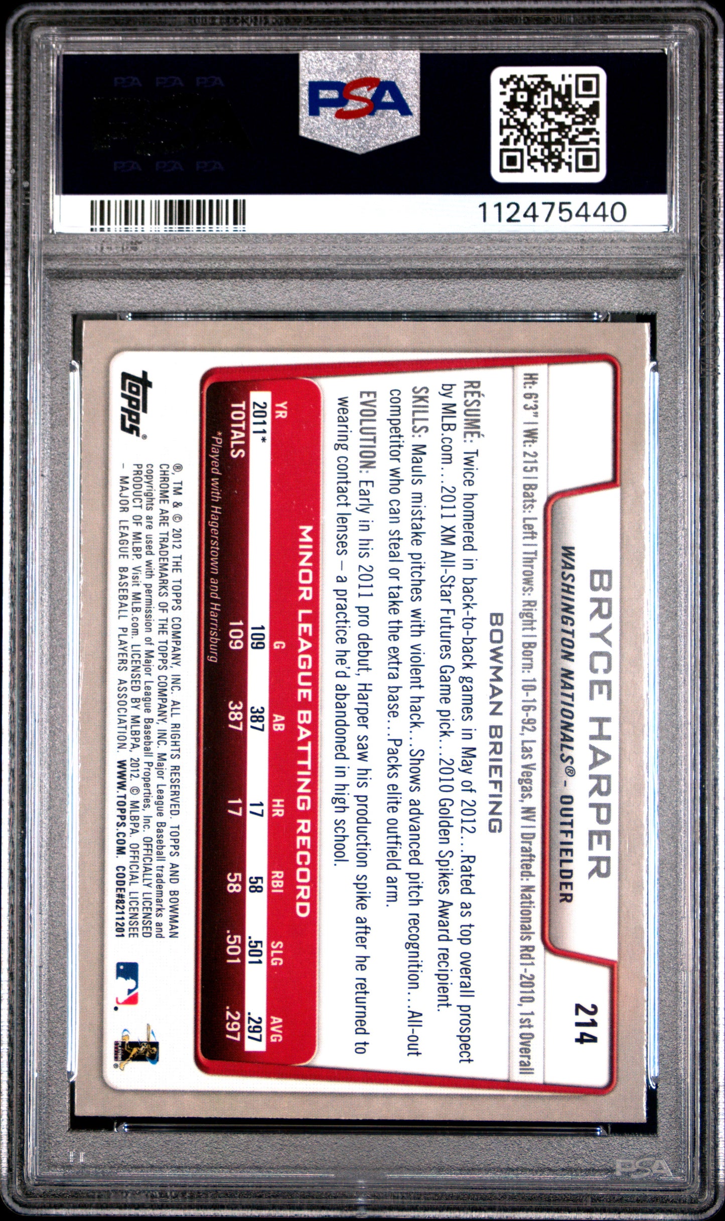2012 Bowman Chrome Bryce Harper #214 PSA 9