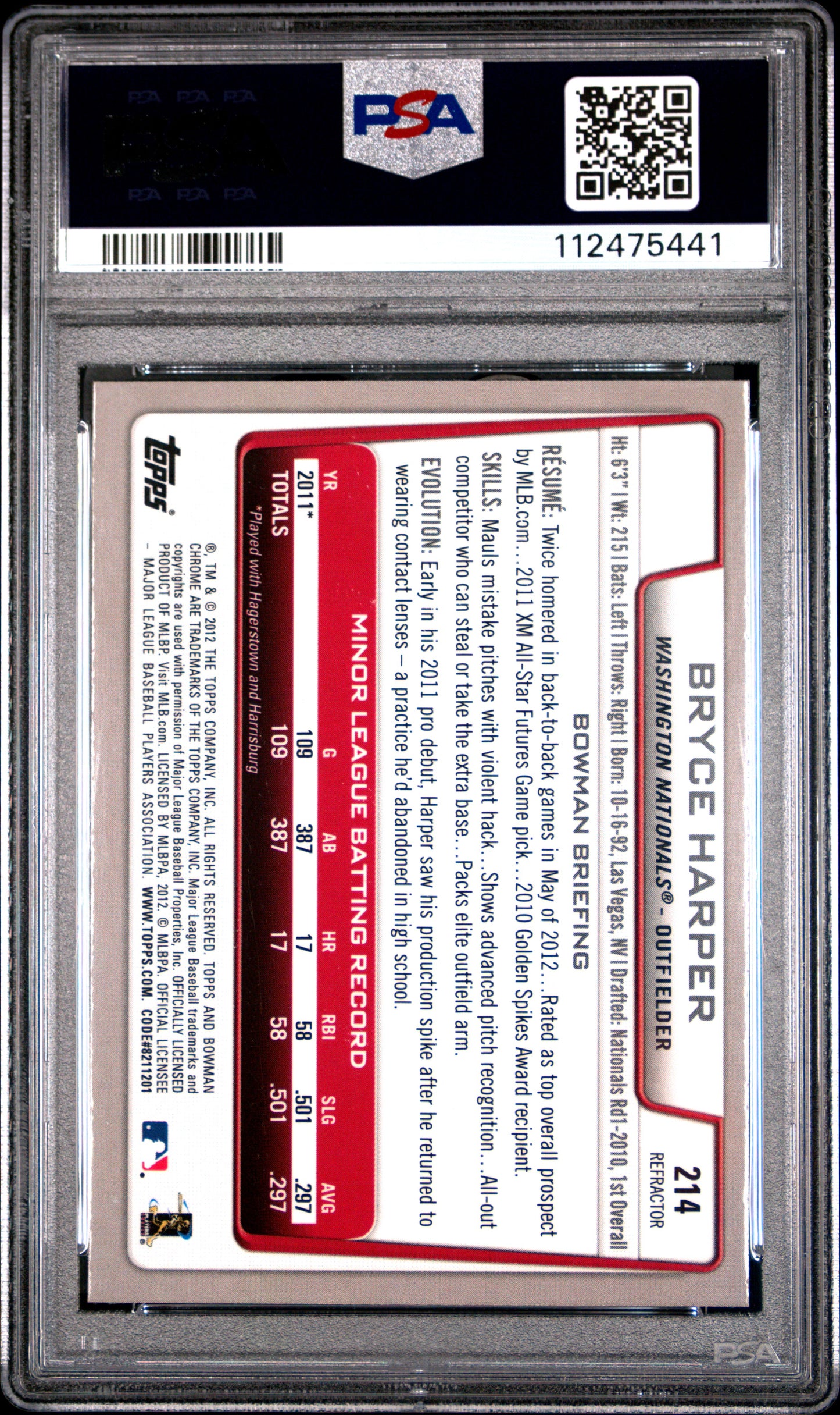 2012 Bowman Chrome Bryce Harper #214 Refractor PSA 8