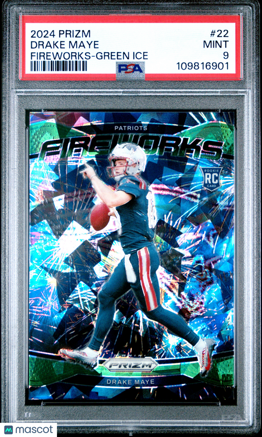 2024 Panini Prizm Fireworks Drake Maye #22 Green Ice PSA 9
